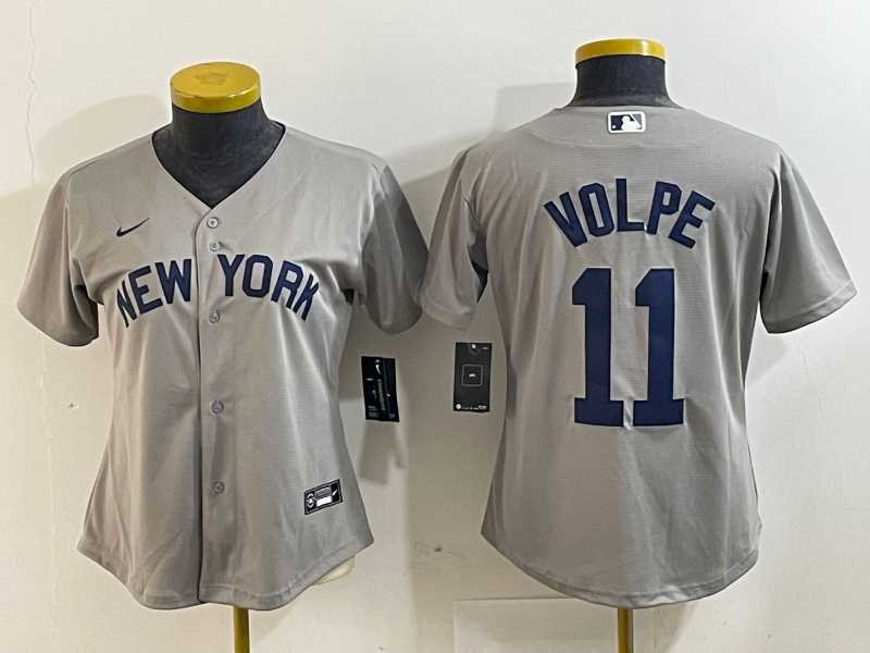 Women%27s New York Yankees #11 Anthony Volpe Name 2021 Grey Field of Dreams Cool Base Stitched Jersey